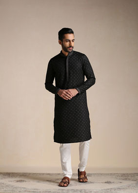 alt message - Manyavar Men Charcoal Black Printed Kurta Set image number 1